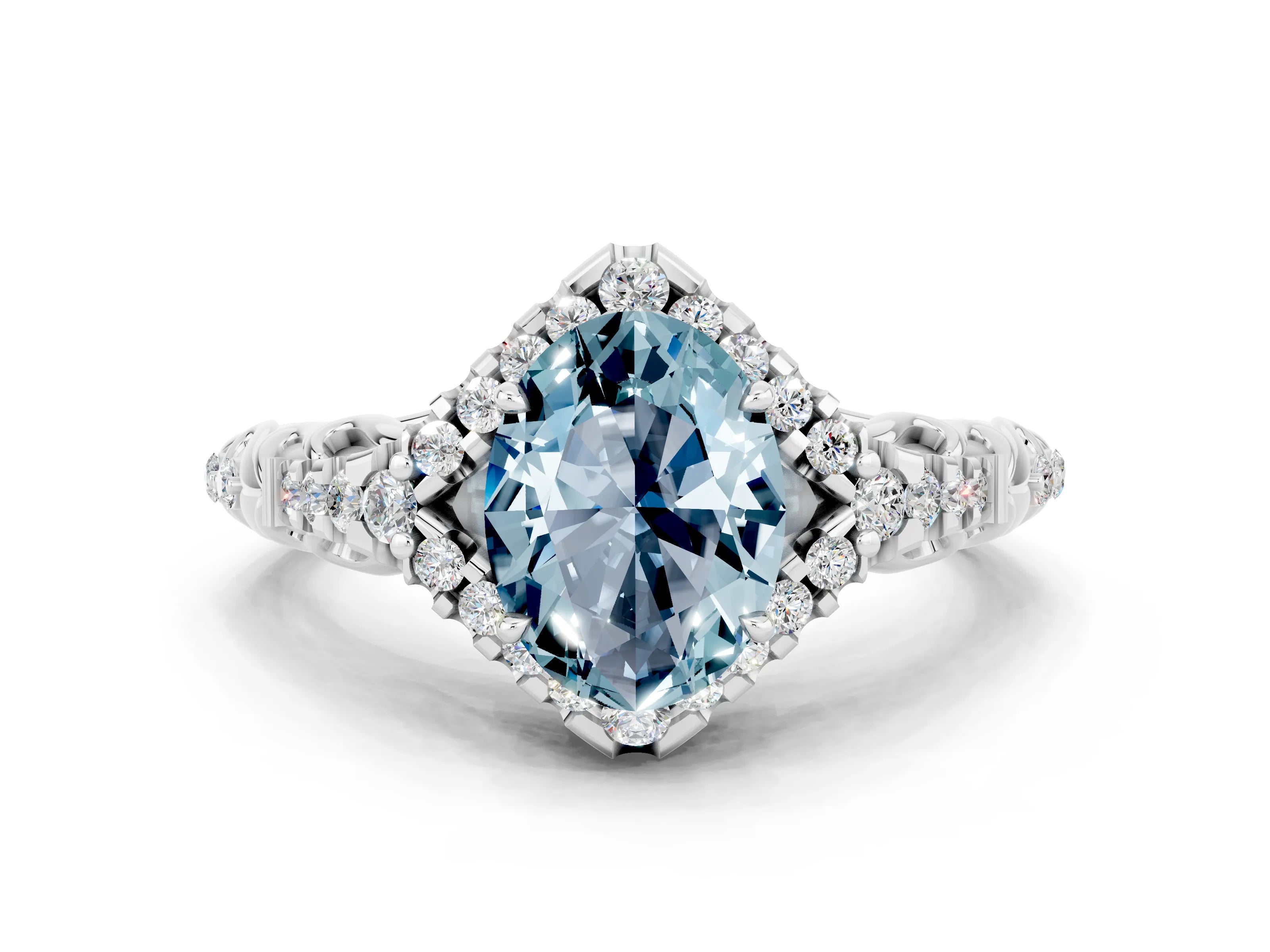 White gold Oval Cut Aquamarine Solitaire Ring with Hidden Halo and Pavé Band_12