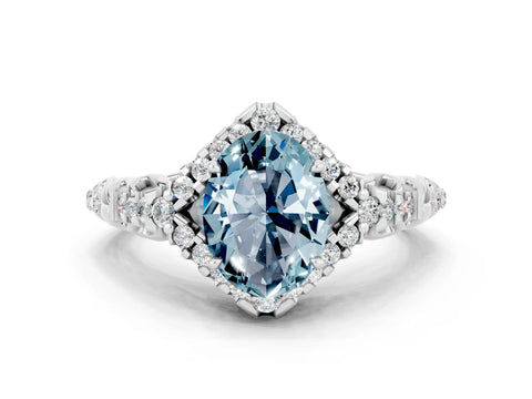 White gold Oval Cut Aquamarine Solitaire Ring with Hidden Halo and Pavé Band_12