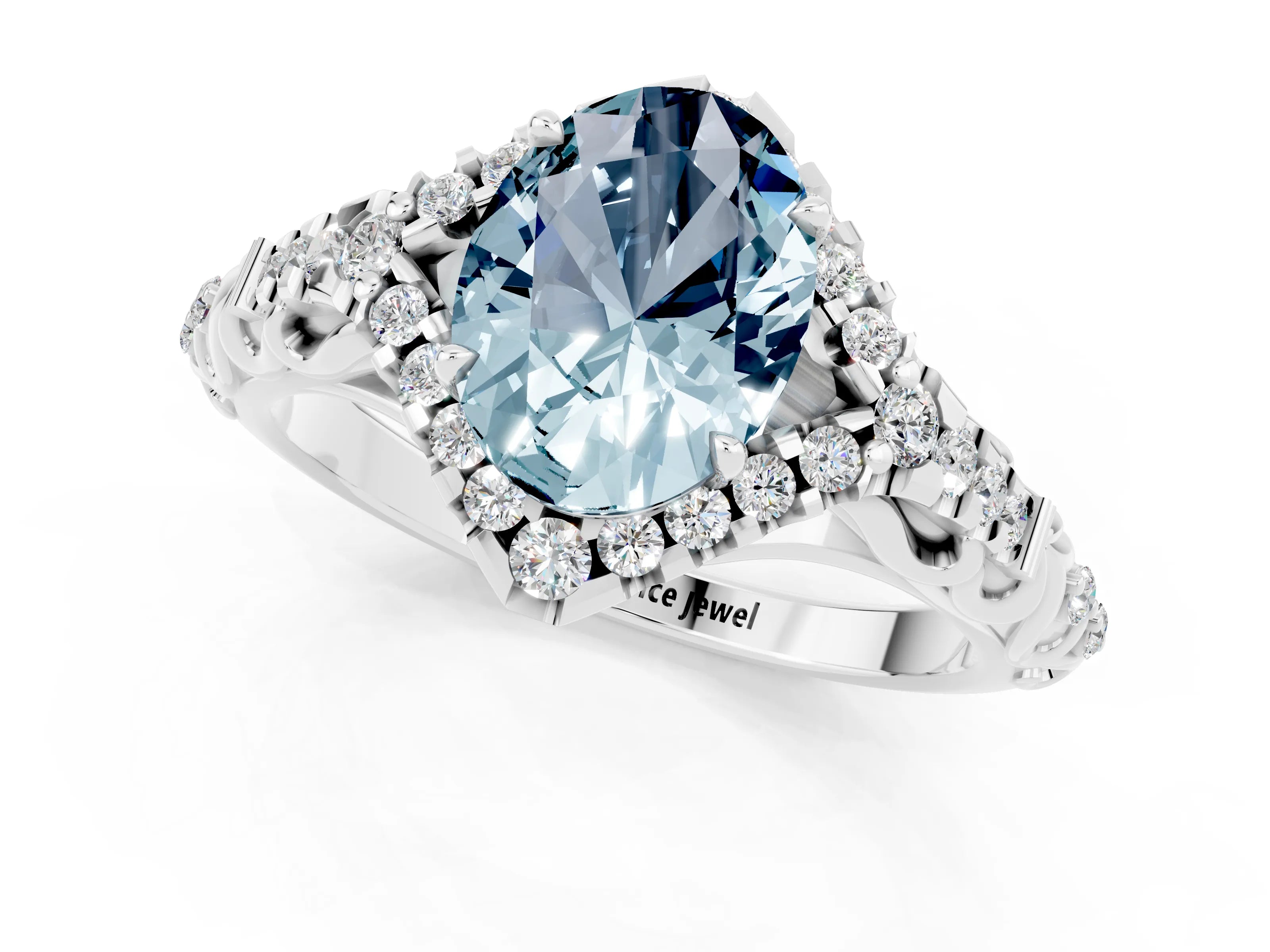 White gold Oval Cut Aquamarine Solitaire Ring with Hidden Halo and Pavé Band_13