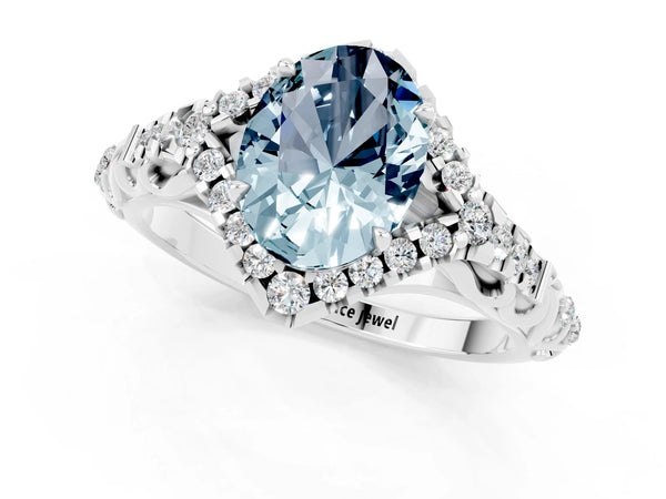 Platinum Oval Cut Aquamarine Solitaire Ring with Hidden Halo and Pavé Band
