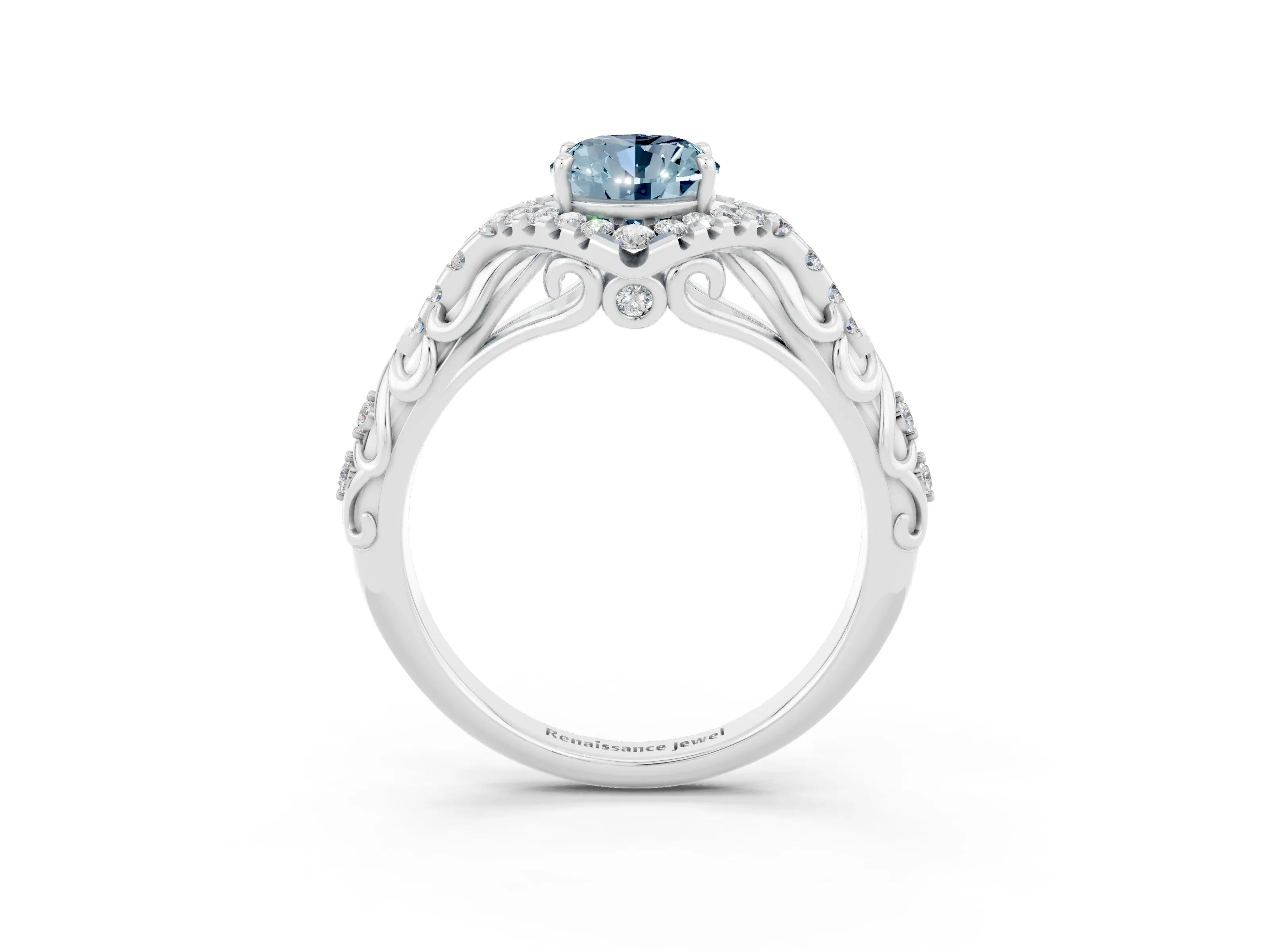 White gold Oval Cut Aquamarine Solitaire Ring with Hidden Halo and Pavé Band_15
