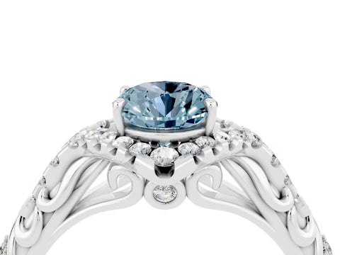 White gold Oval Cut Aquamarine Solitaire Ring with Hidden Halo and Pavé Band_16