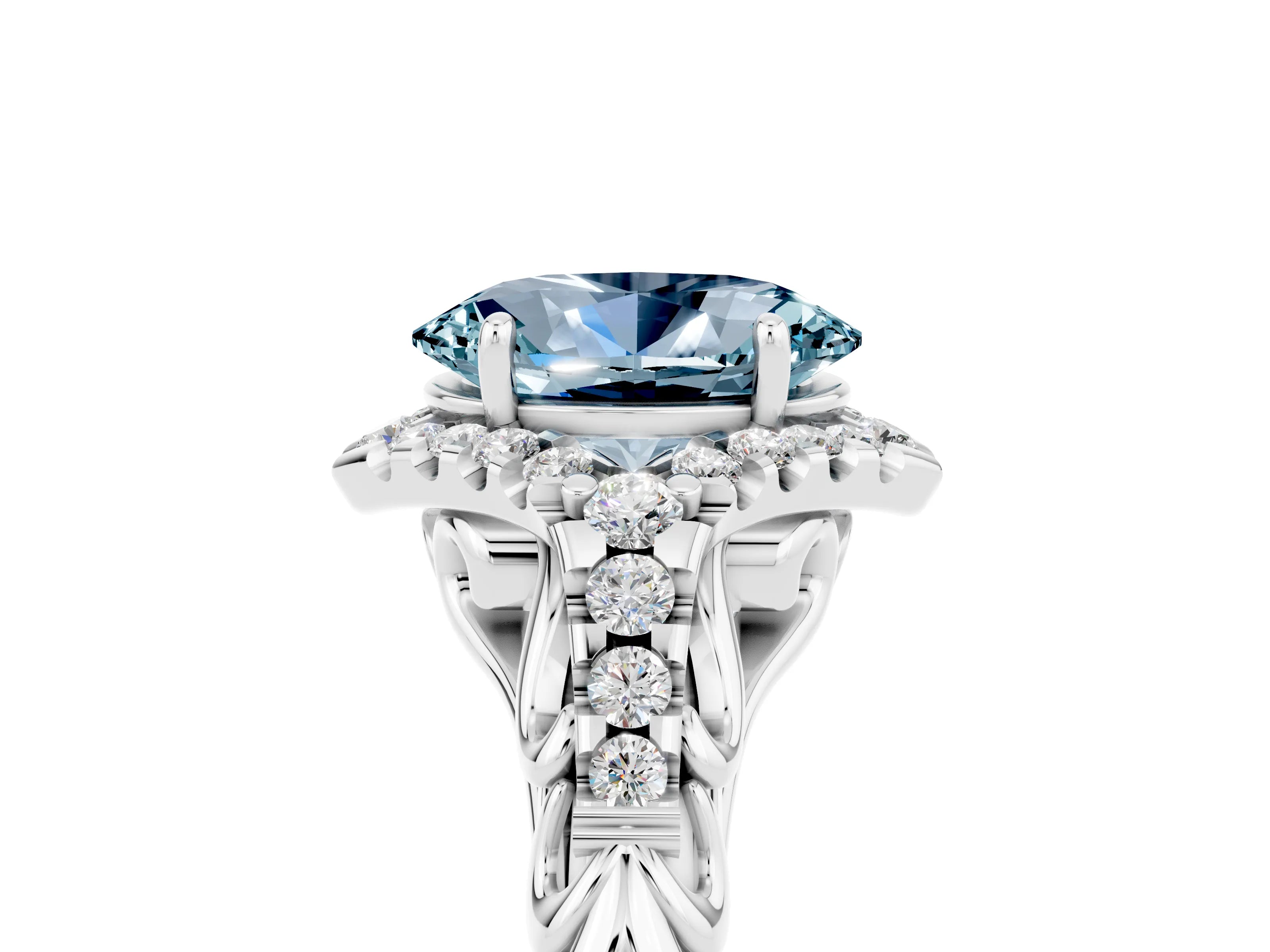 White gold Oval Cut Aquamarine Solitaire Ring with Hidden Halo and Pavé Band_17