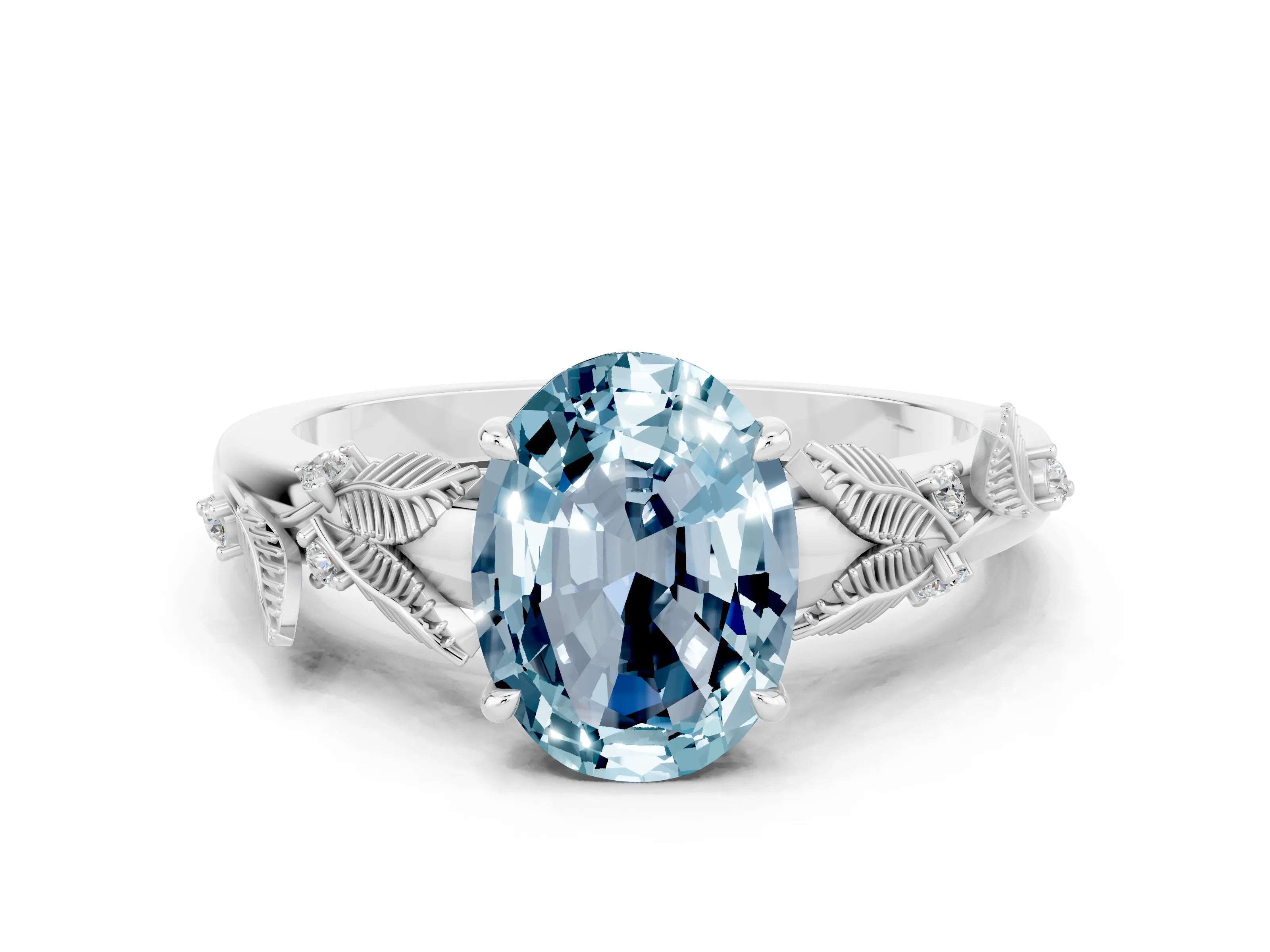 White gold Oval Cut Aquamarine Solitaire Ring with Leaf Motif Band and Four-Prong Setting_12