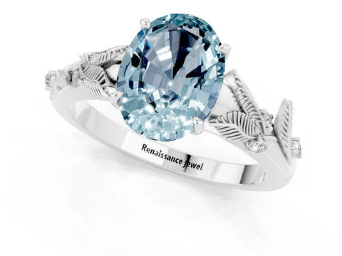 White gold Oval Cut Aquamarine Solitaire Ring with Leaf Motif Band and Four-Prong Setting_13