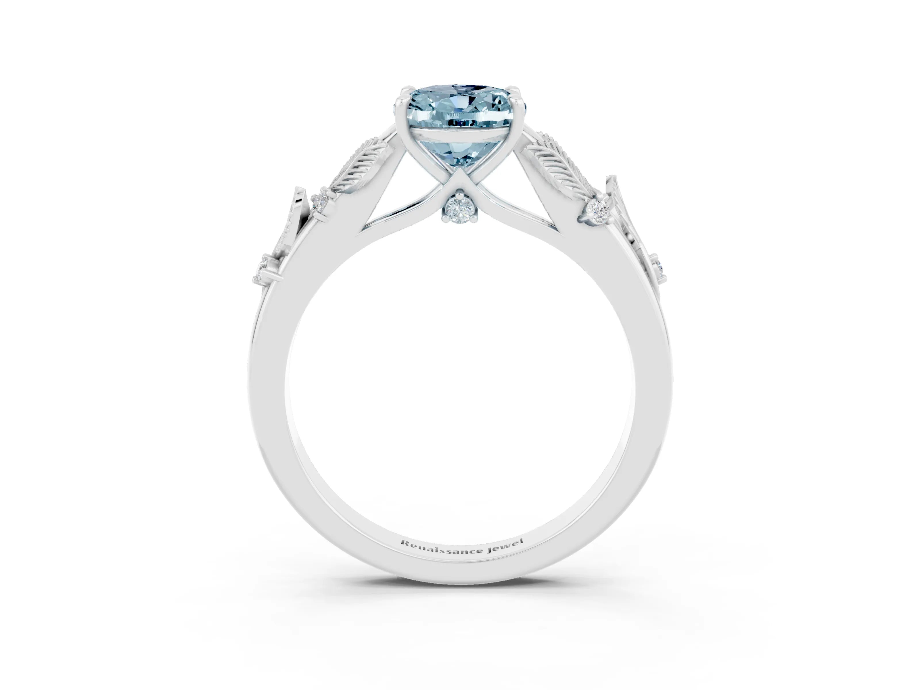 White gold Oval Cut Aquamarine Solitaire Ring with Leaf Motif Band and Four-Prong Setting_15