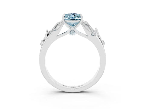 White gold Oval Cut Aquamarine Solitaire Ring with Leaf Motif Band and Four-Prong Setting_15
