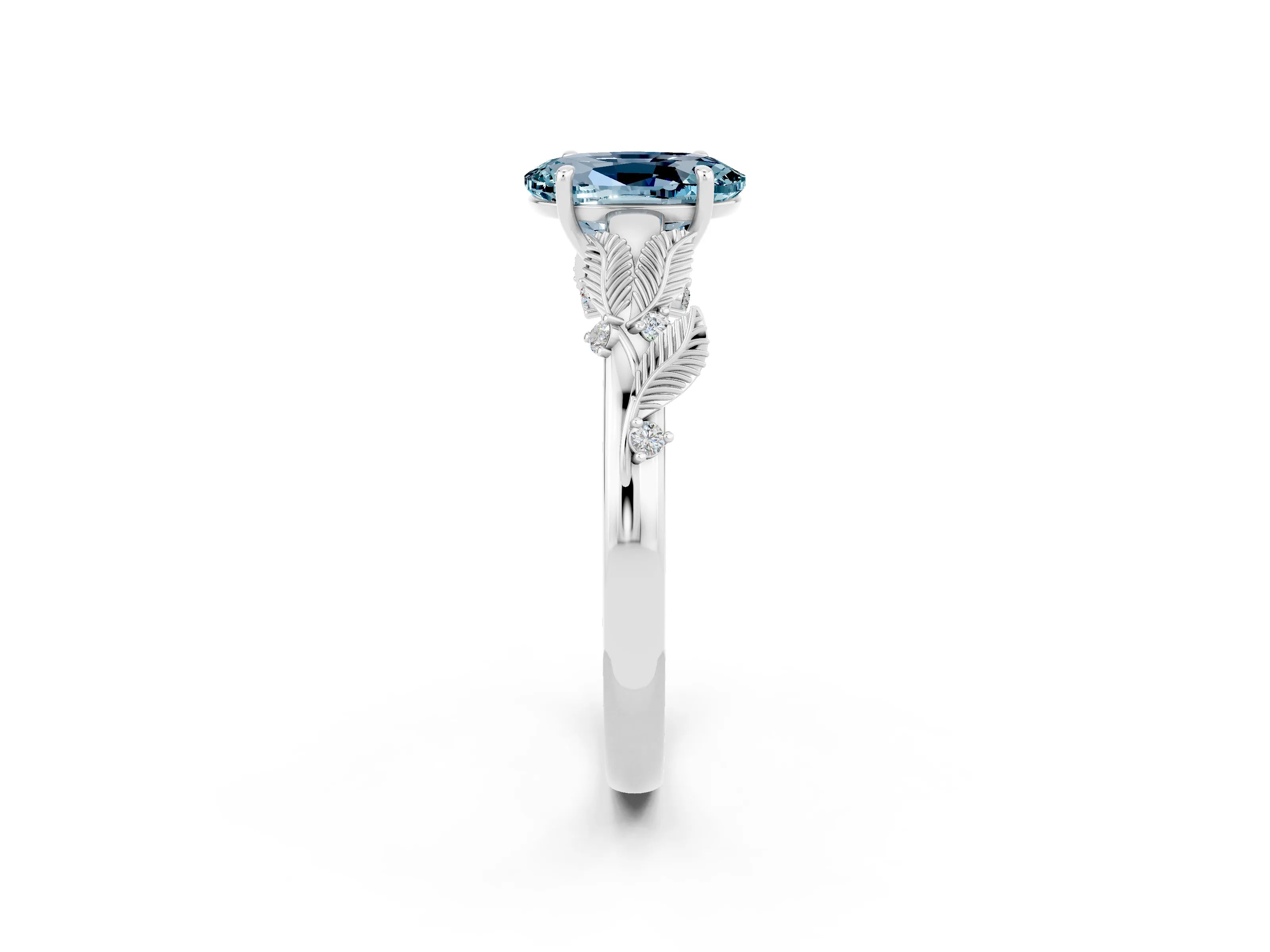 White gold Oval Cut Aquamarine Solitaire Ring with Leaf Motif Band and Four-Prong Setting_2