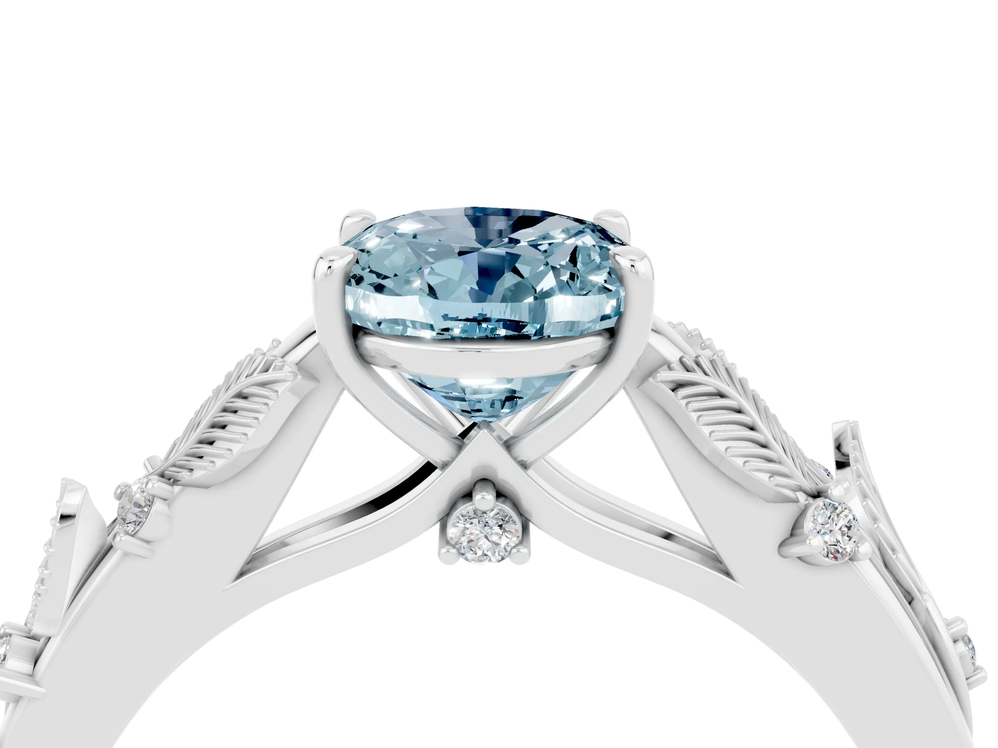 White gold Oval Cut Aquamarine Solitaire Ring with Leaf Motif Band and Four-Prong Setting_4