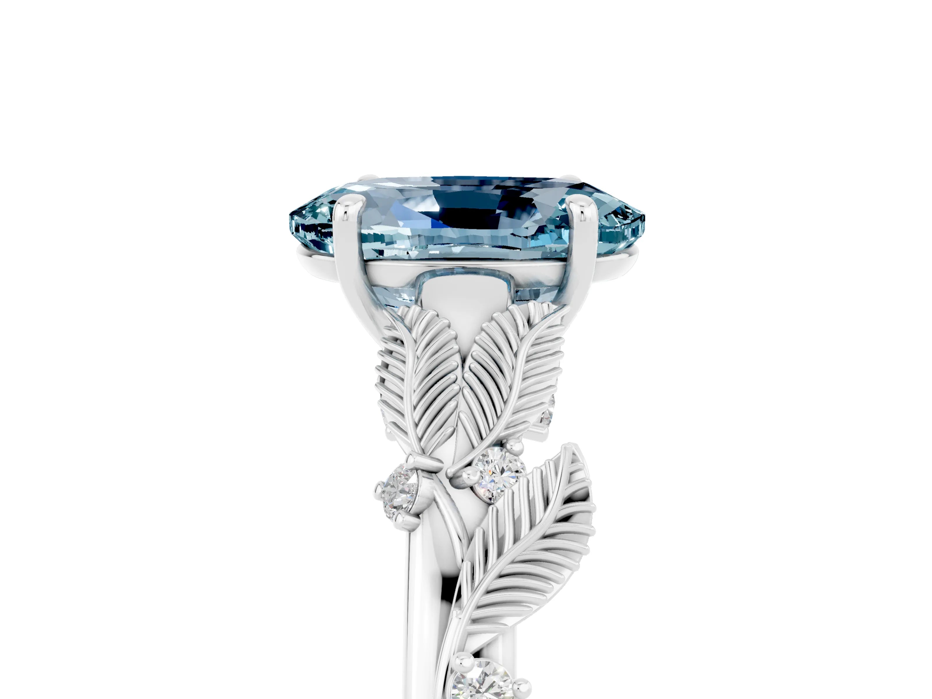 White gold Oval Cut Aquamarine Solitaire Ring with Leaf Motif Band and Four-Prong Setting_5