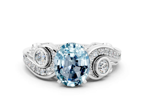 White gold Oval Cut Aquamarine Solitaire Ring with Milgrain Pavé Band and Four-Prong Setting_12