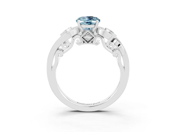 Silver Oval Cut Aquamarine Solitaire Ring with Milgrain Pavé Band and Four-Prong Setting