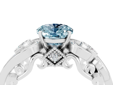 White gold Oval Cut Aquamarine Solitaire Ring with Milgrain Pavé Band and Four-Prong Setting_16