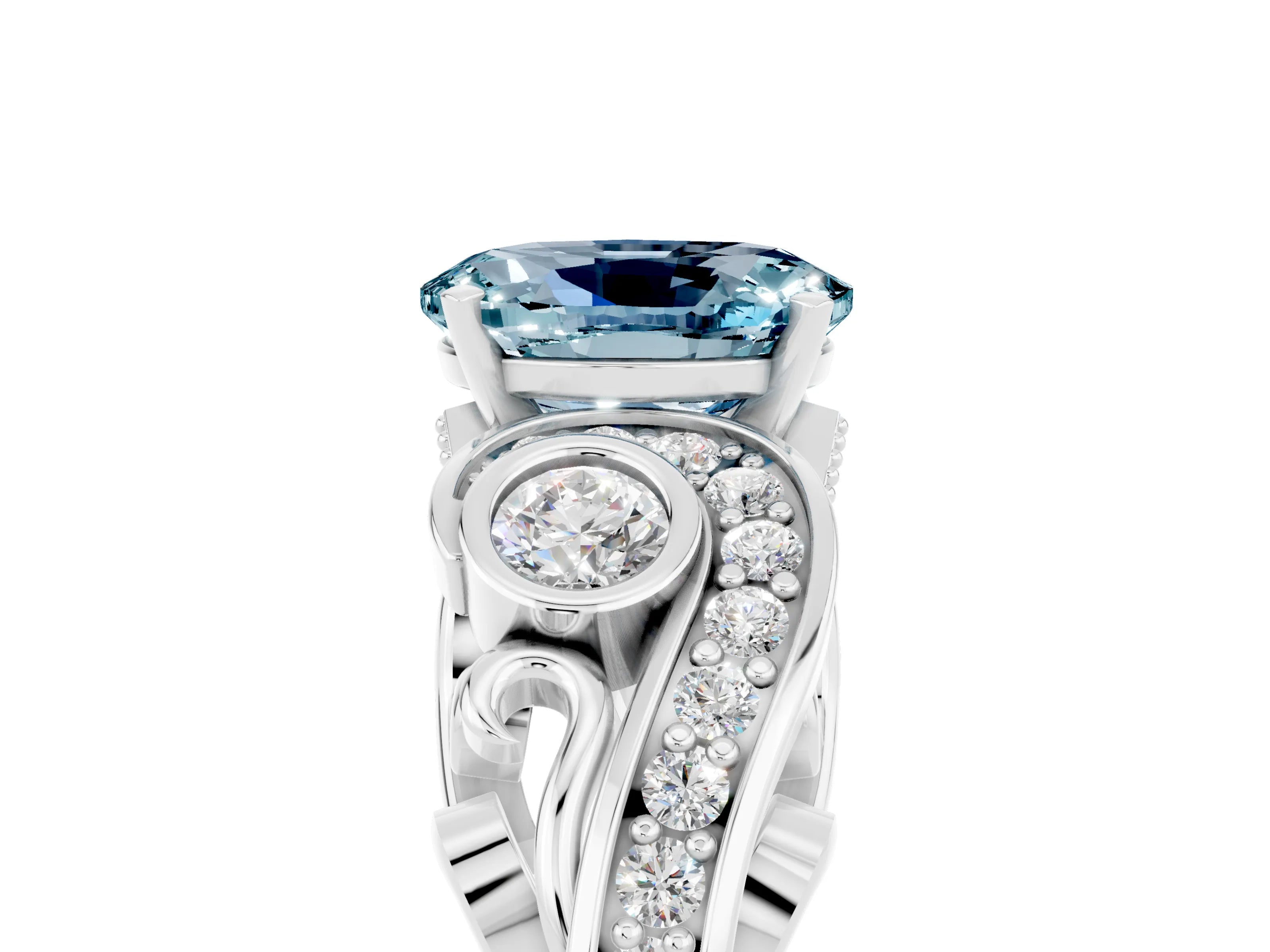 White gold Oval Cut Aquamarine Solitaire Ring with Milgrain Pavé Band and Four-Prong Setting_17