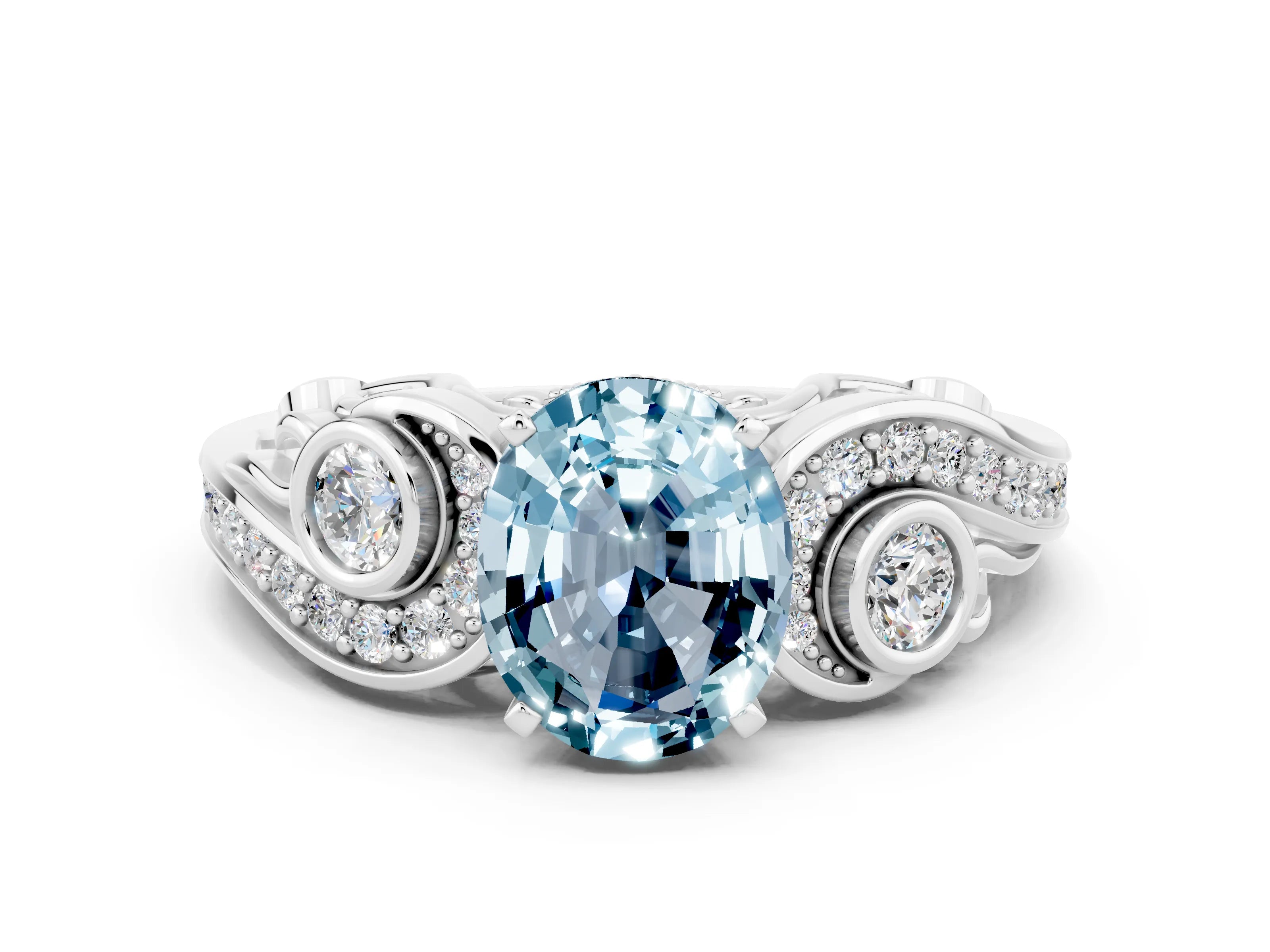 White gold Oval Cut Aquamarine Solitaire Ring with Milgrain Pavé Band and Four-Prong Setting_48