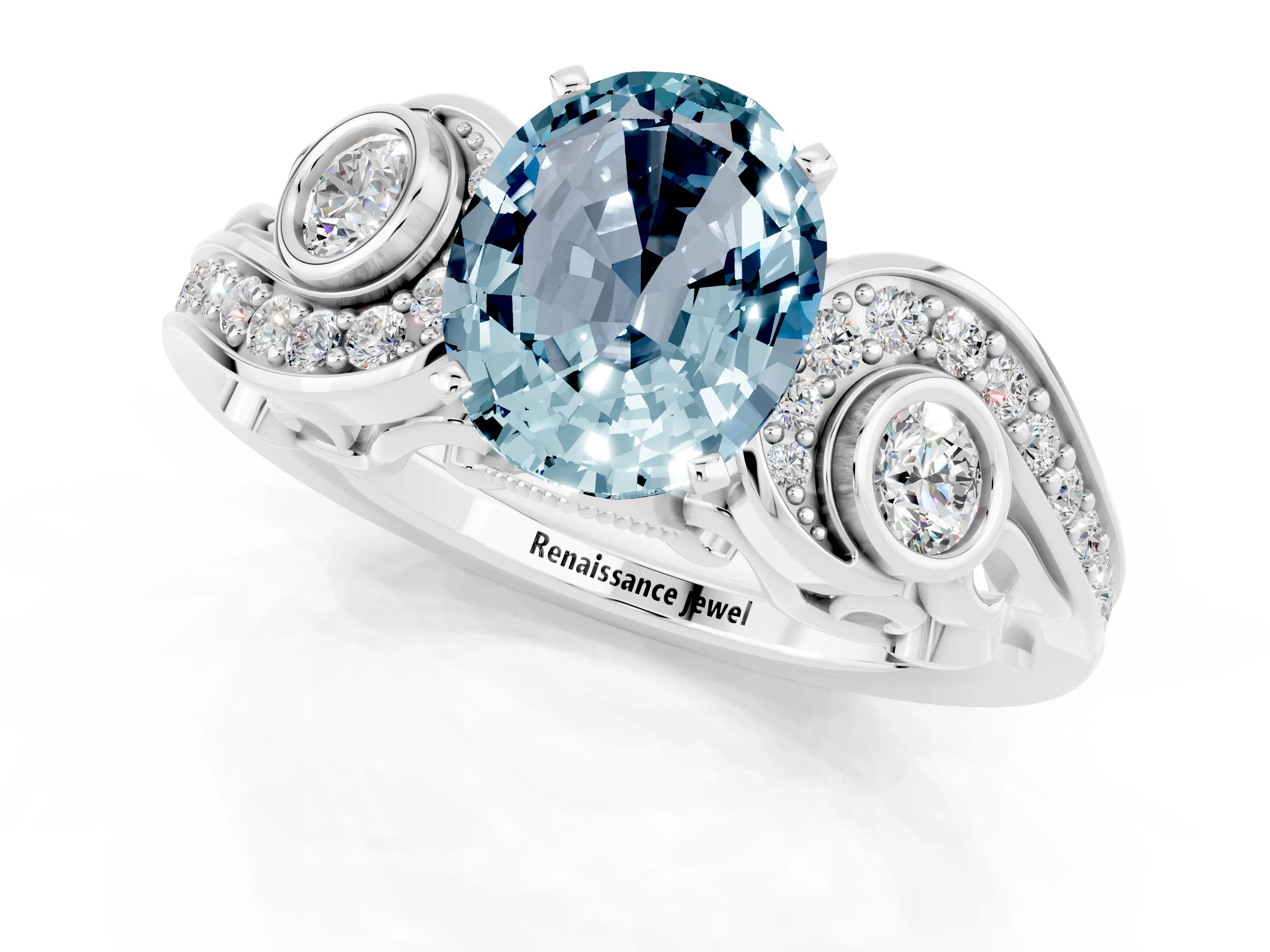 White gold Oval Cut Aquamarine Solitaire Ring with Milgrain Pavé Band and Four-Prong Setting_49