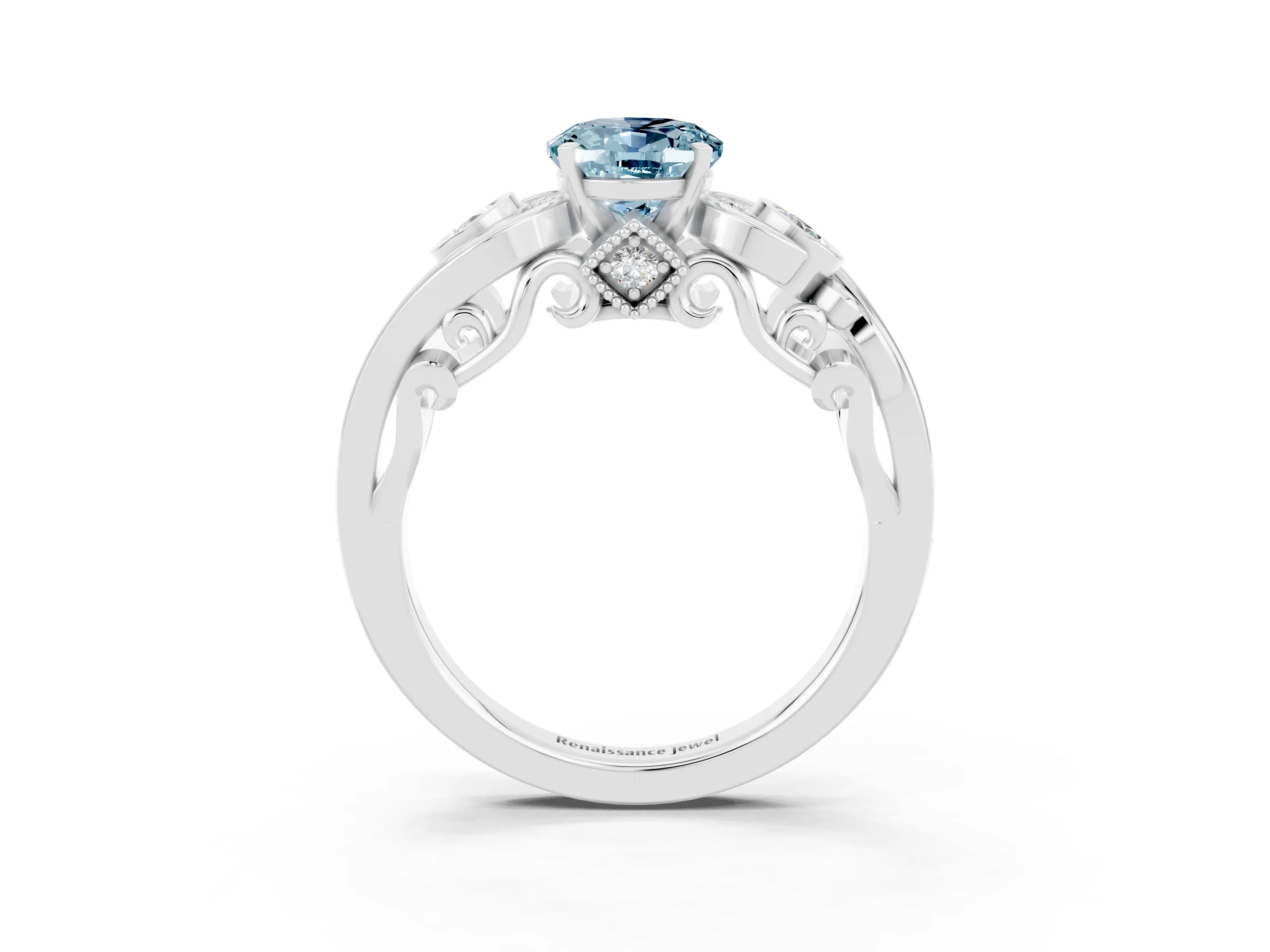 White gold Oval Cut Aquamarine Solitaire Ring with Milgrain Pavé Band and Four-Prong Setting_51