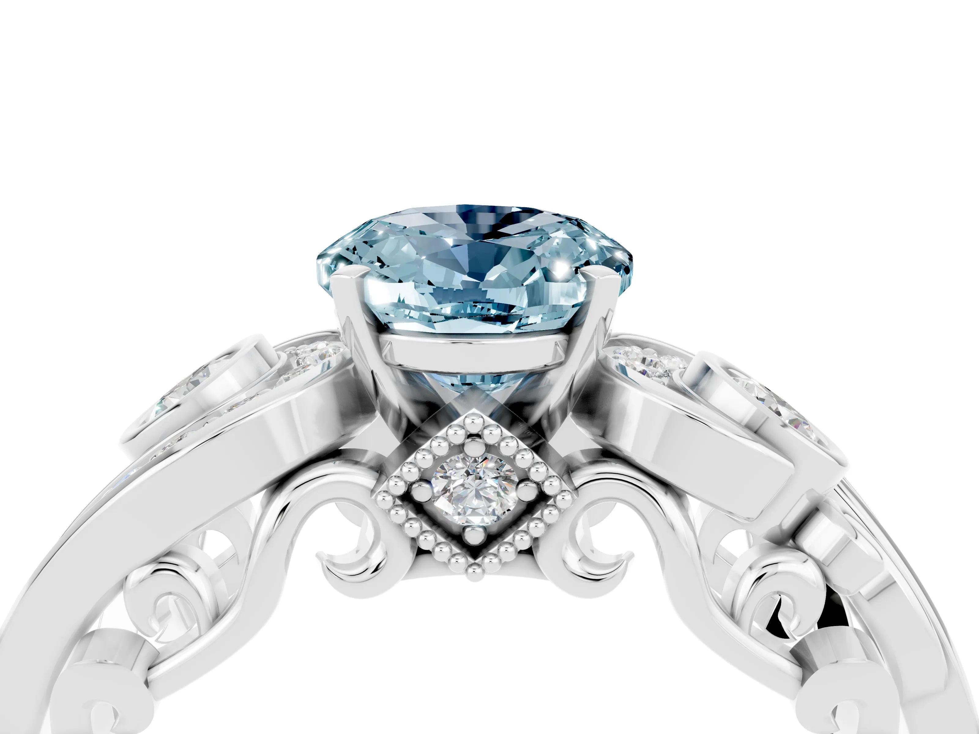 White gold Oval Cut Aquamarine Solitaire Ring with Milgrain Pavé Band and Four-Prong Setting_52