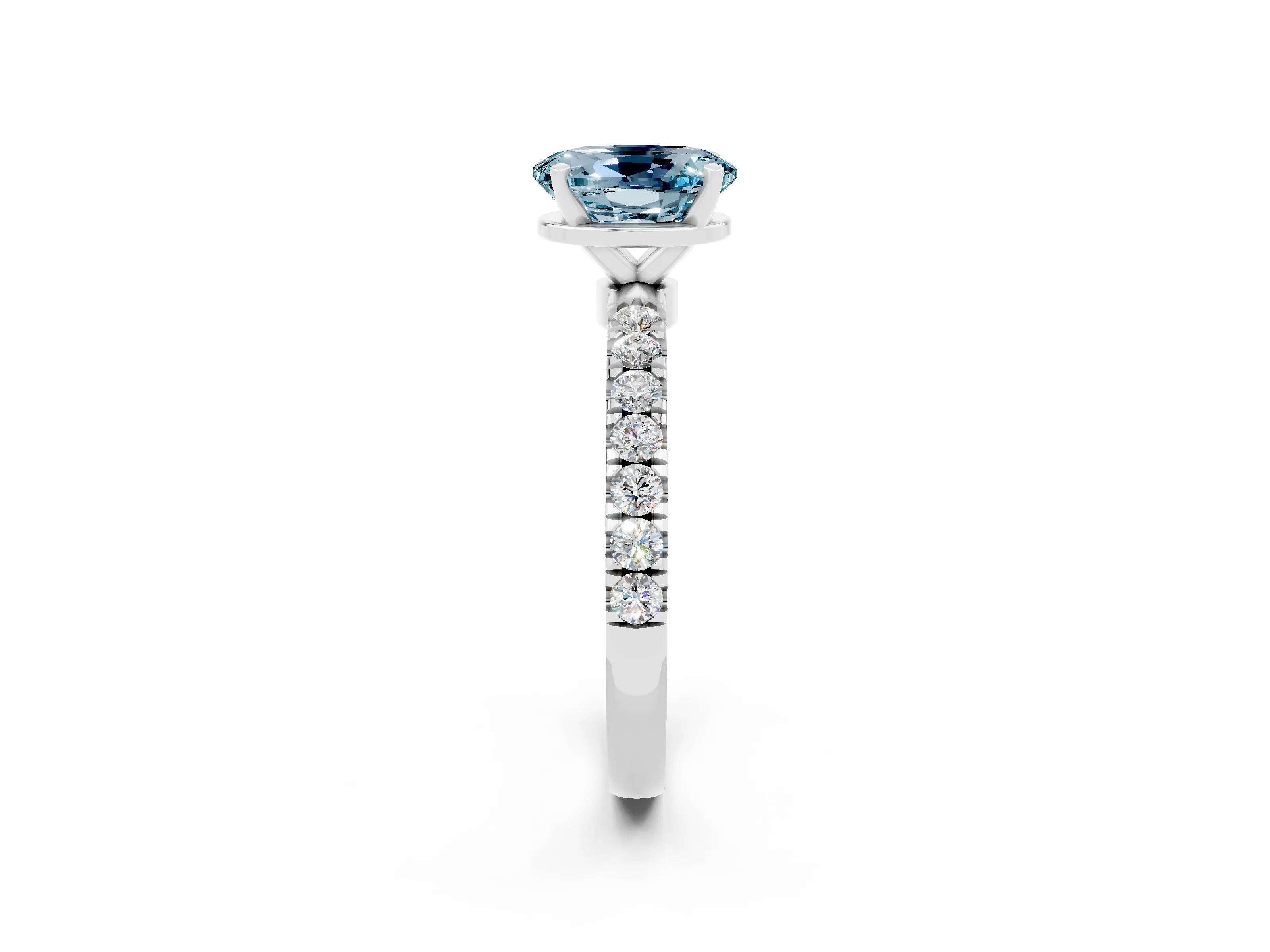 White gold Oval Cut Aquamarine Solitaire Ring with Pavé Accents and Four-Prong Setting_2