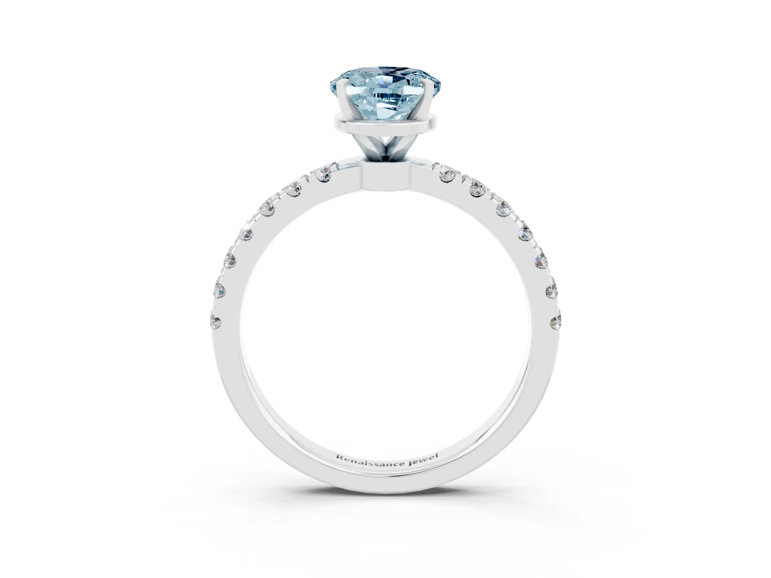 White gold Oval Cut Aquamarine Solitaire Ring with Pavé Accents and Four-Prong Setting_3