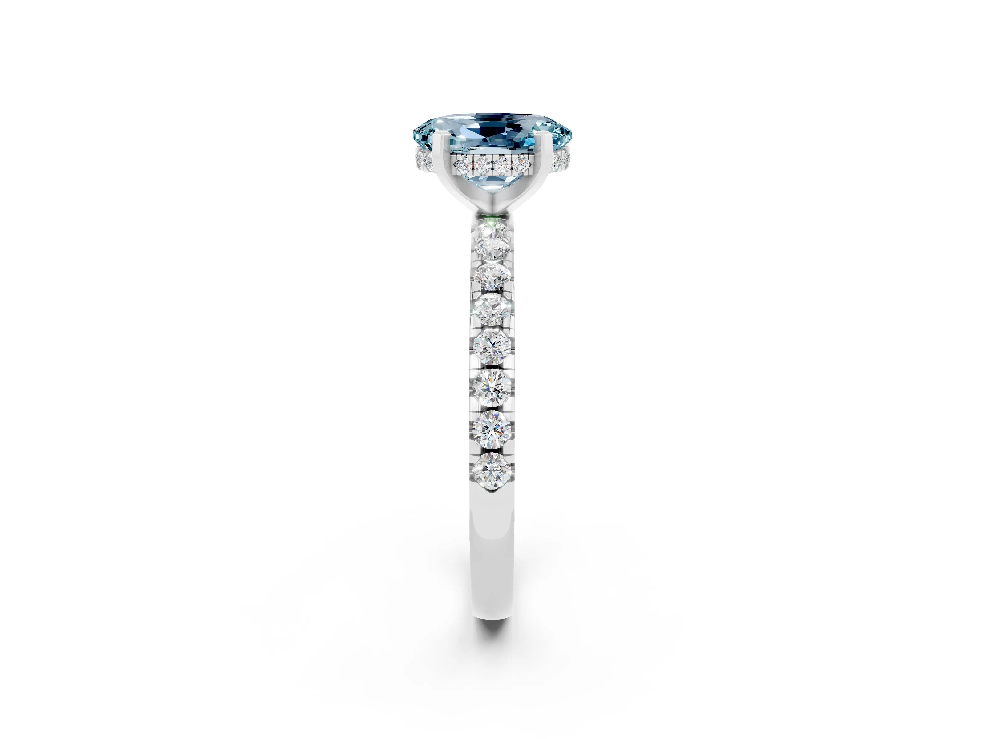 White gold Oval Cut Aquamarine Solitaire Ring with Pavé Band and Four-Prong Setting_26
