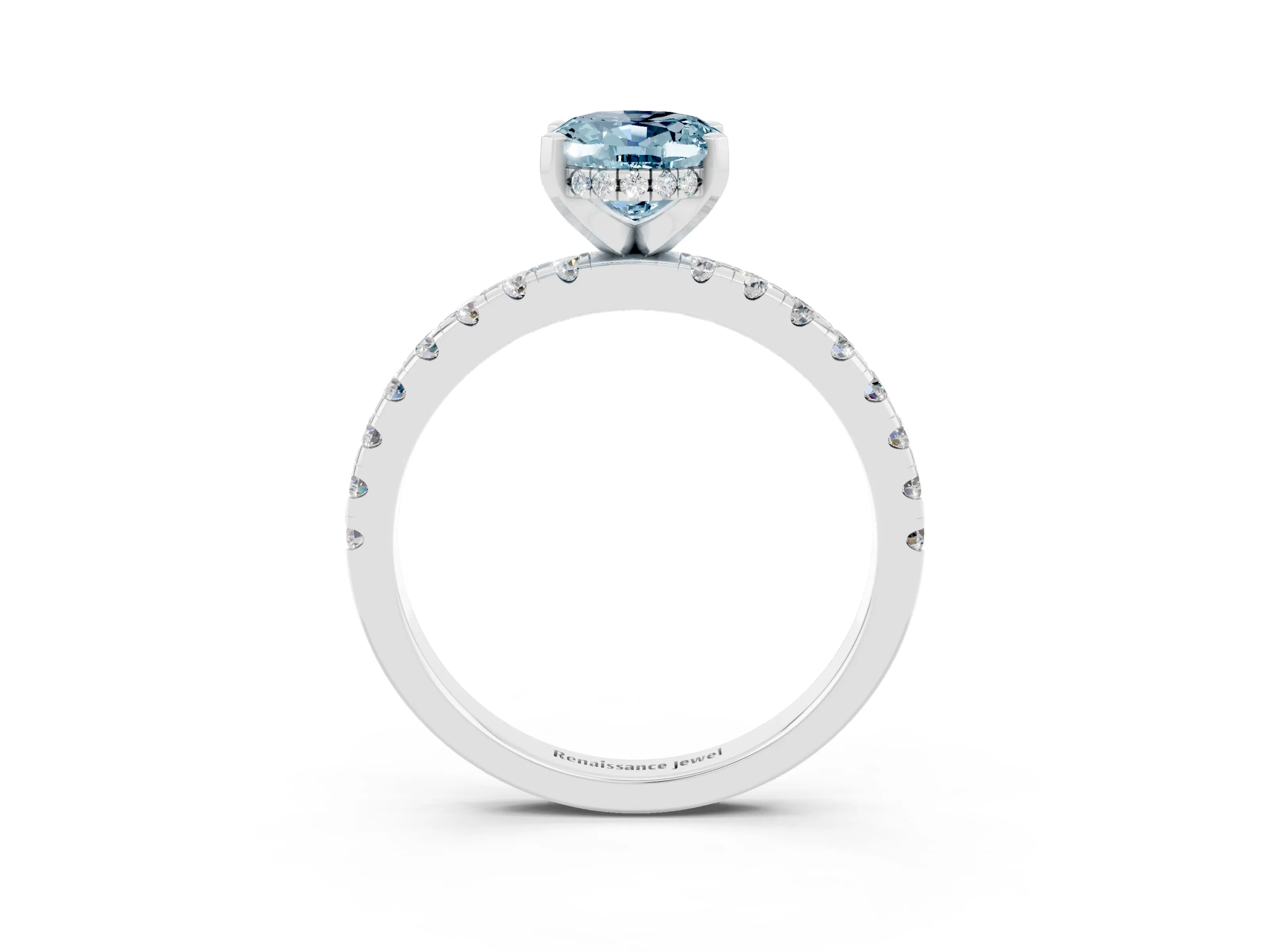White gold Oval Cut Aquamarine Solitaire Ring with Pavé Band and Four-Prong Setting_27