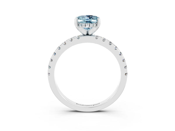 Silver Oval Cut Aquamarine Solitaire Ring with Round  Pavé Band and Four-Prong Setting