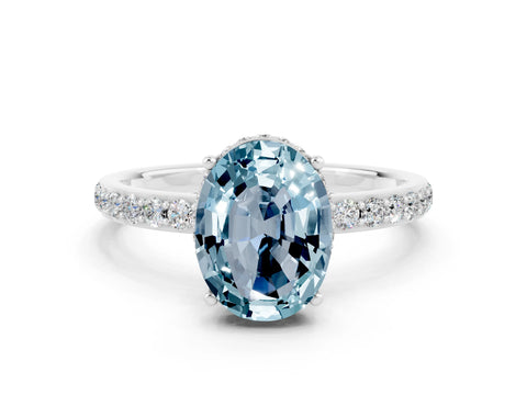 White gold Oval Cut Aquamarine Solitaire Ring with Pavé Band and Hidden Halo_12