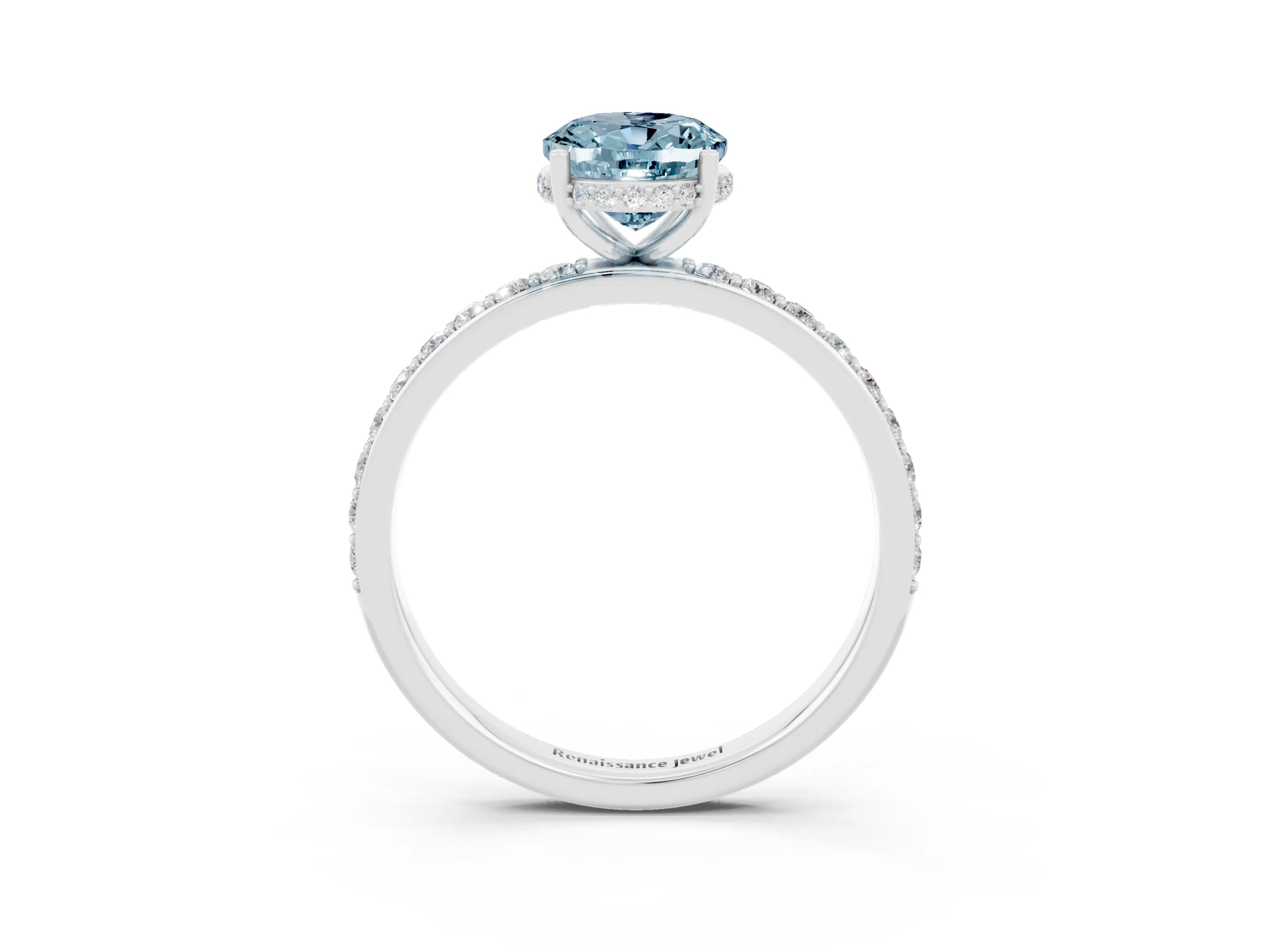 White gold Oval Cut Aquamarine Solitaire Ring with Pavé Band and Hidden Halo_15