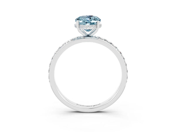 Silver Oval Cut Aquamarine Solitaire Ring with Pavé Band and Hidden Halo