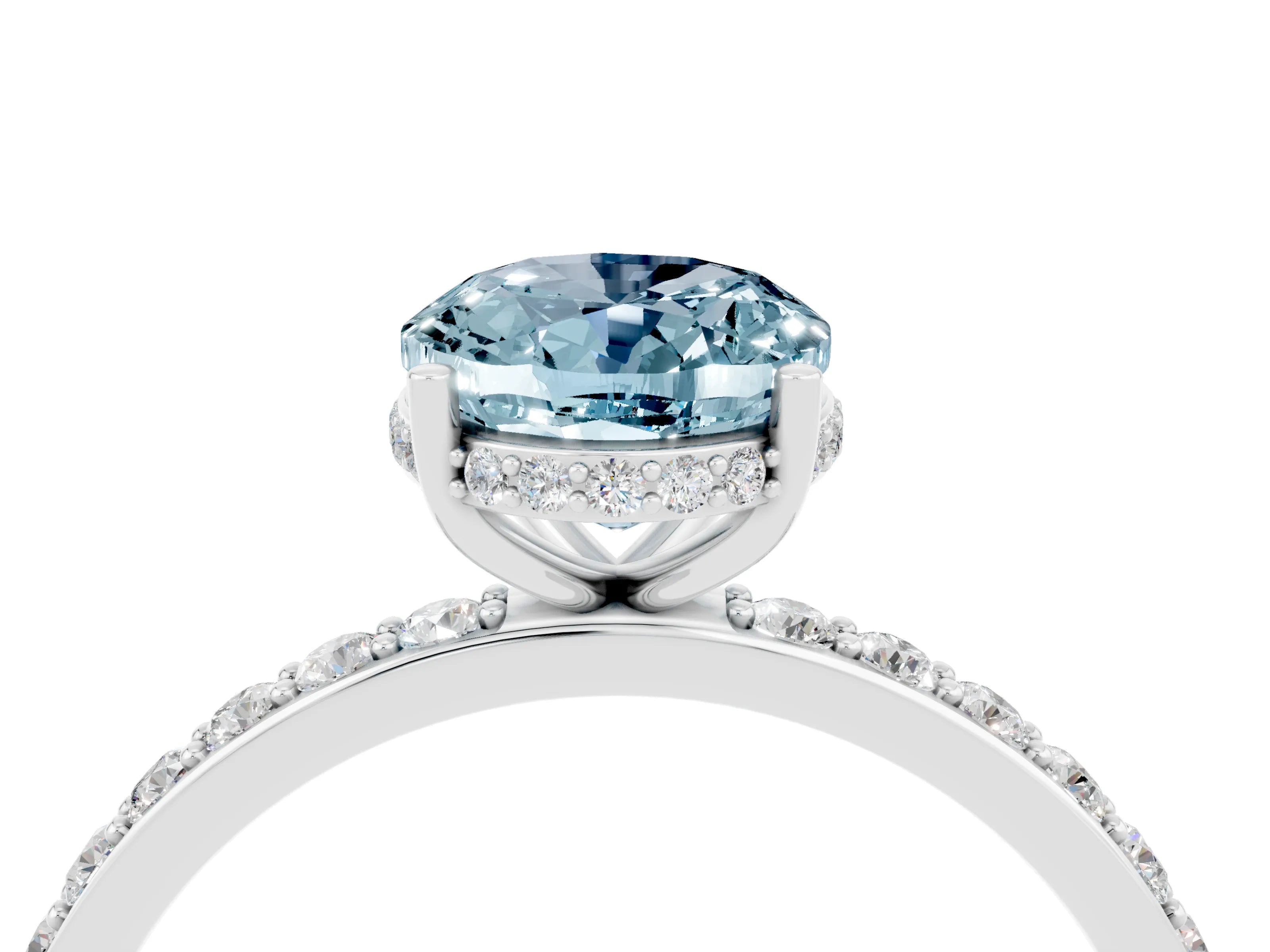 White gold Oval Cut Aquamarine Solitaire Ring with Pavé Band and Hidden Halo_16