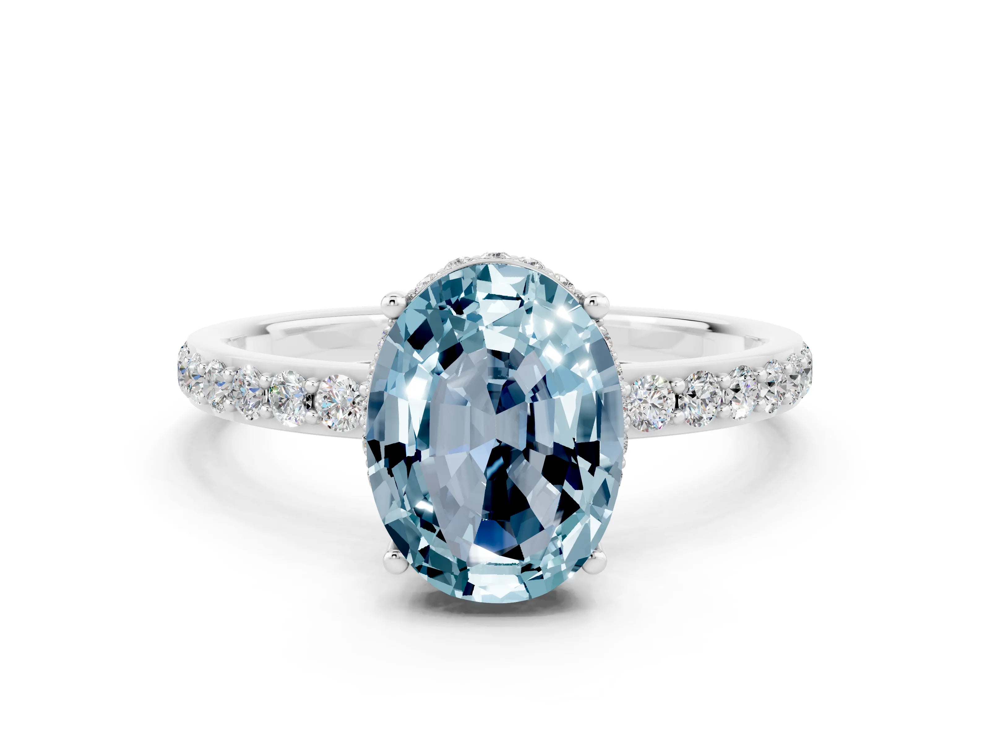 White gold Oval Cut Aquamarine Solitaire Ring with Pavé Band and Hidden Halo_24