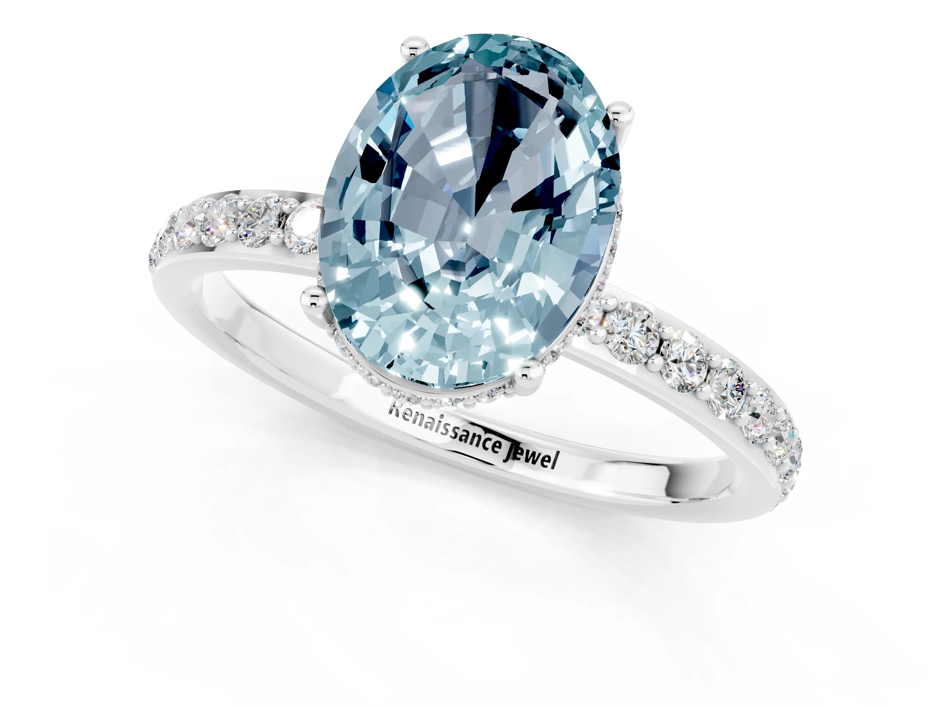 White gold Oval Cut Aquamarine Solitaire Ring with Pavé Band and Hidden Halo_25