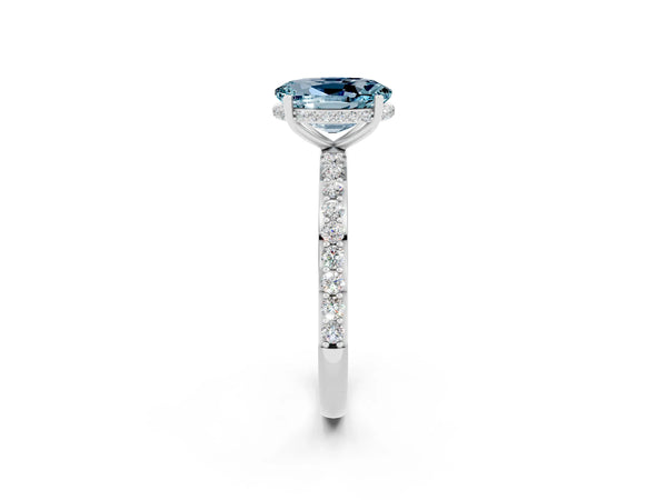White gold Oval Cut Aquamarine Solitaire Ring with Pavé Band and Hidden Halo