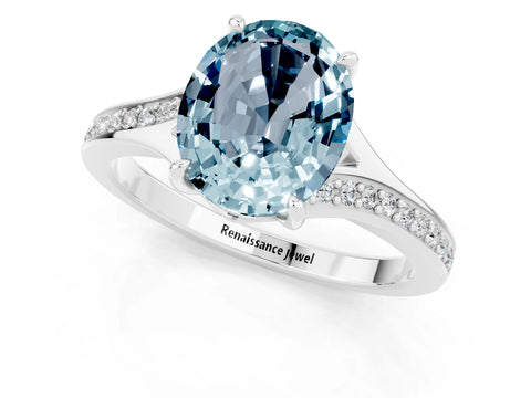 White gold Oval Cut Aquamarine Solitaire Ring with Pavé Band and Prong Setting_13