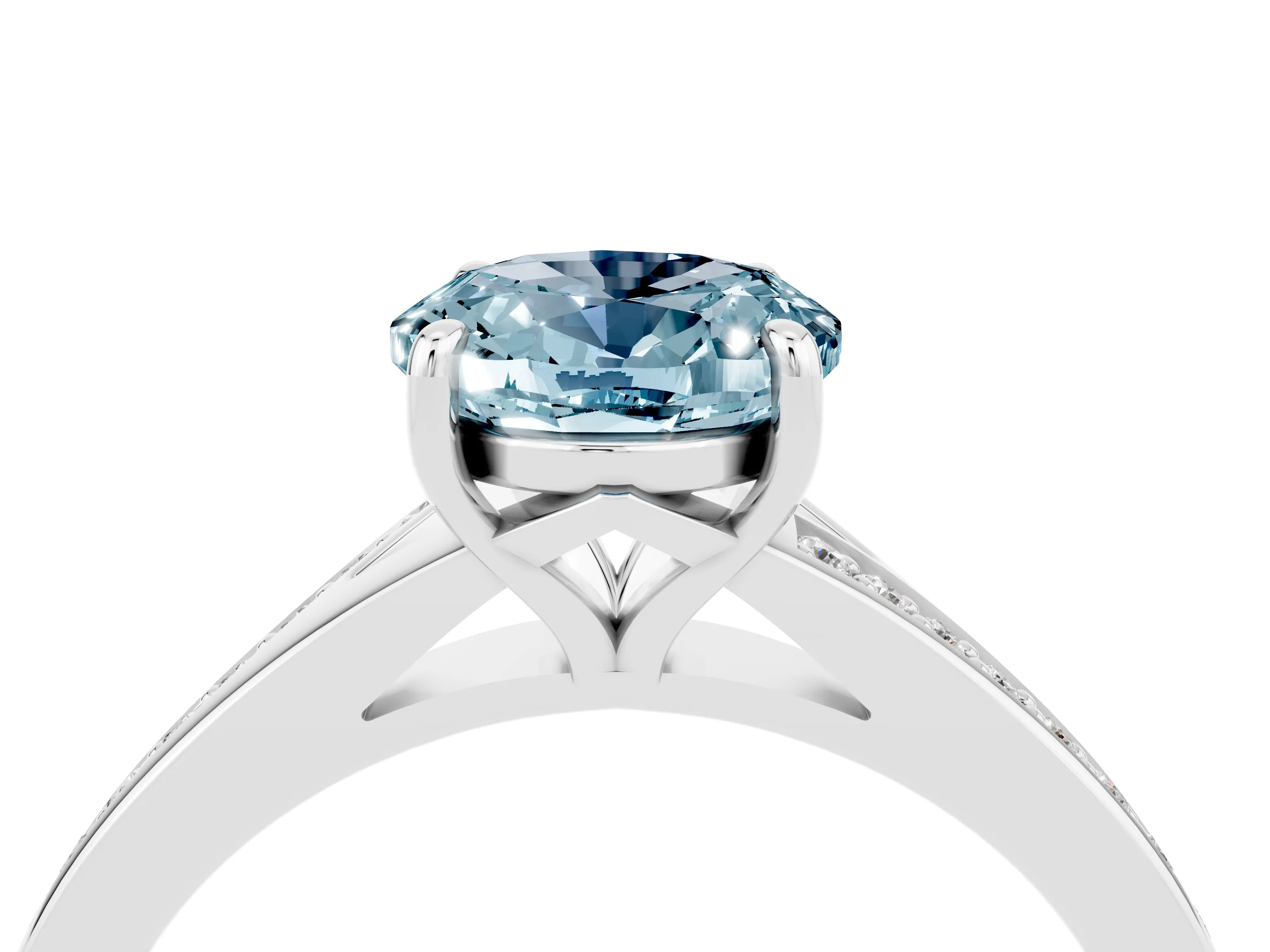 White gold Oval Cut Aquamarine Solitaire Ring with Pavé Band and Prong Setting_16