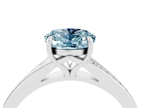 White gold Oval Cut Aquamarine Solitaire Ring with Pavé Band and Prong Setting_16