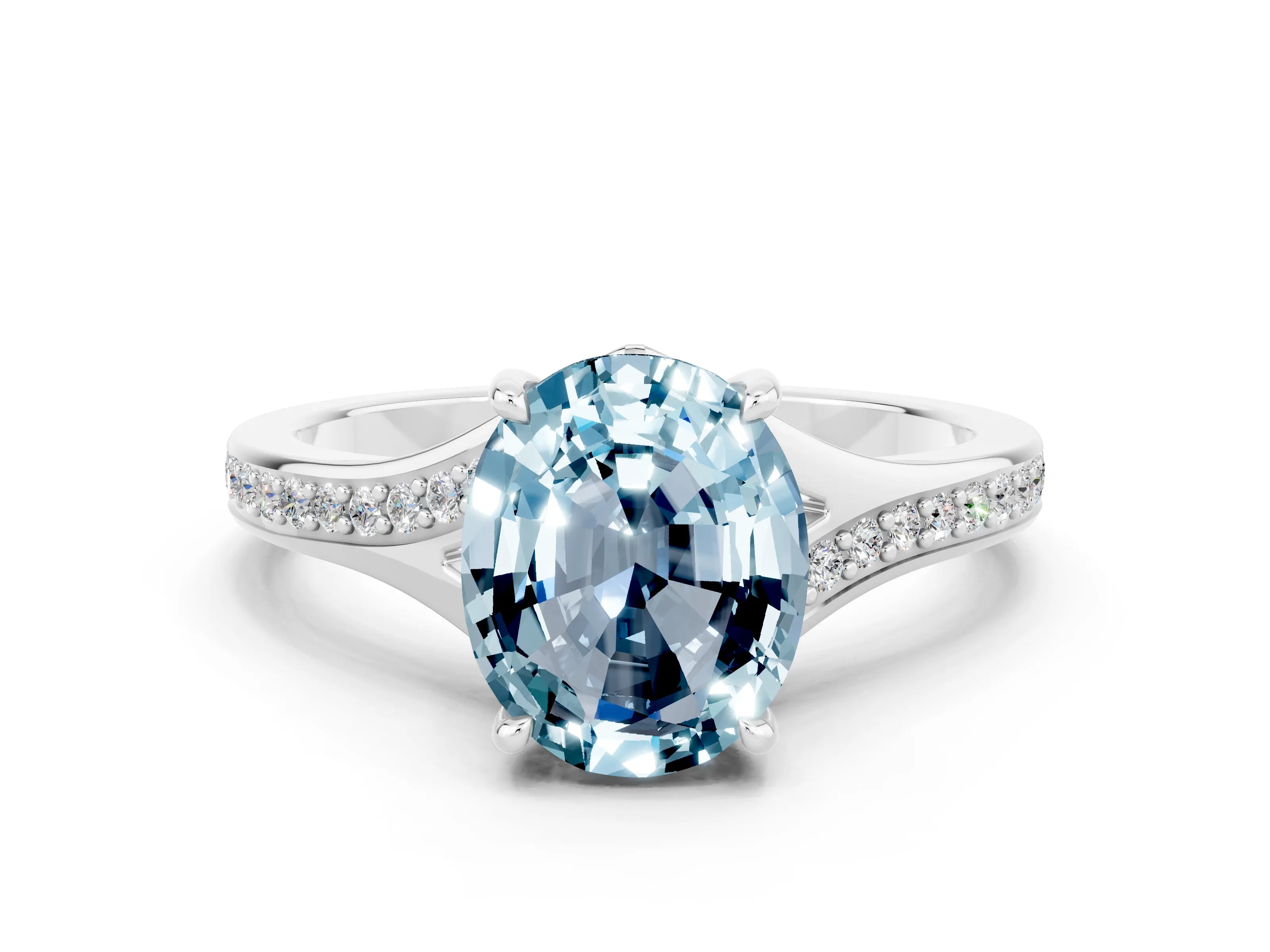 White gold Oval Cut Aquamarine Solitaire Ring with Pavé Band and Prong Setting