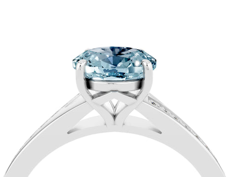 White gold Oval Cut Aquamarine Solitaire Ring with Pavé Band and Prong Setting_4