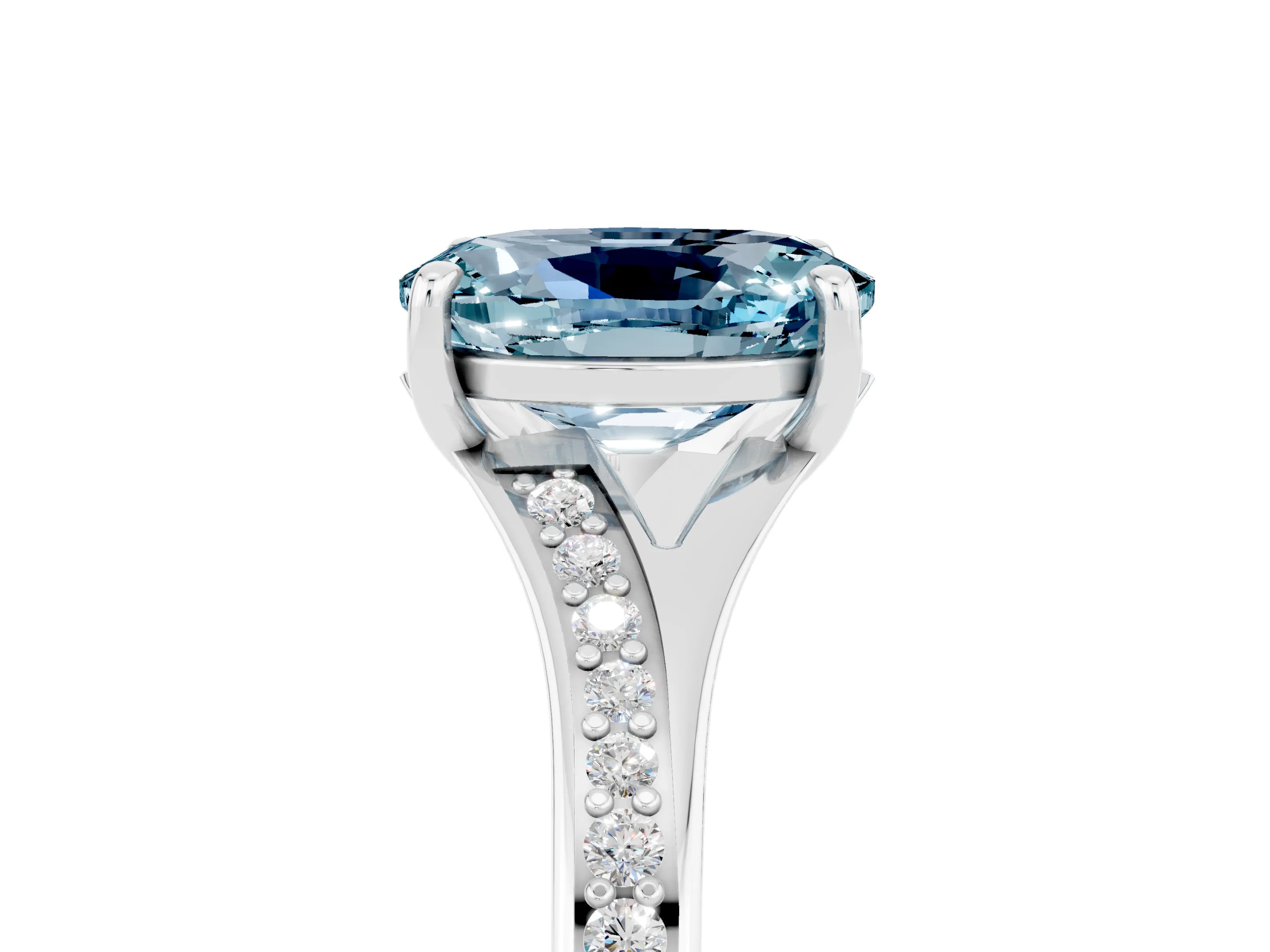 White gold Oval Cut Aquamarine Solitaire Ring with Pavé Band and Prong Setting_5