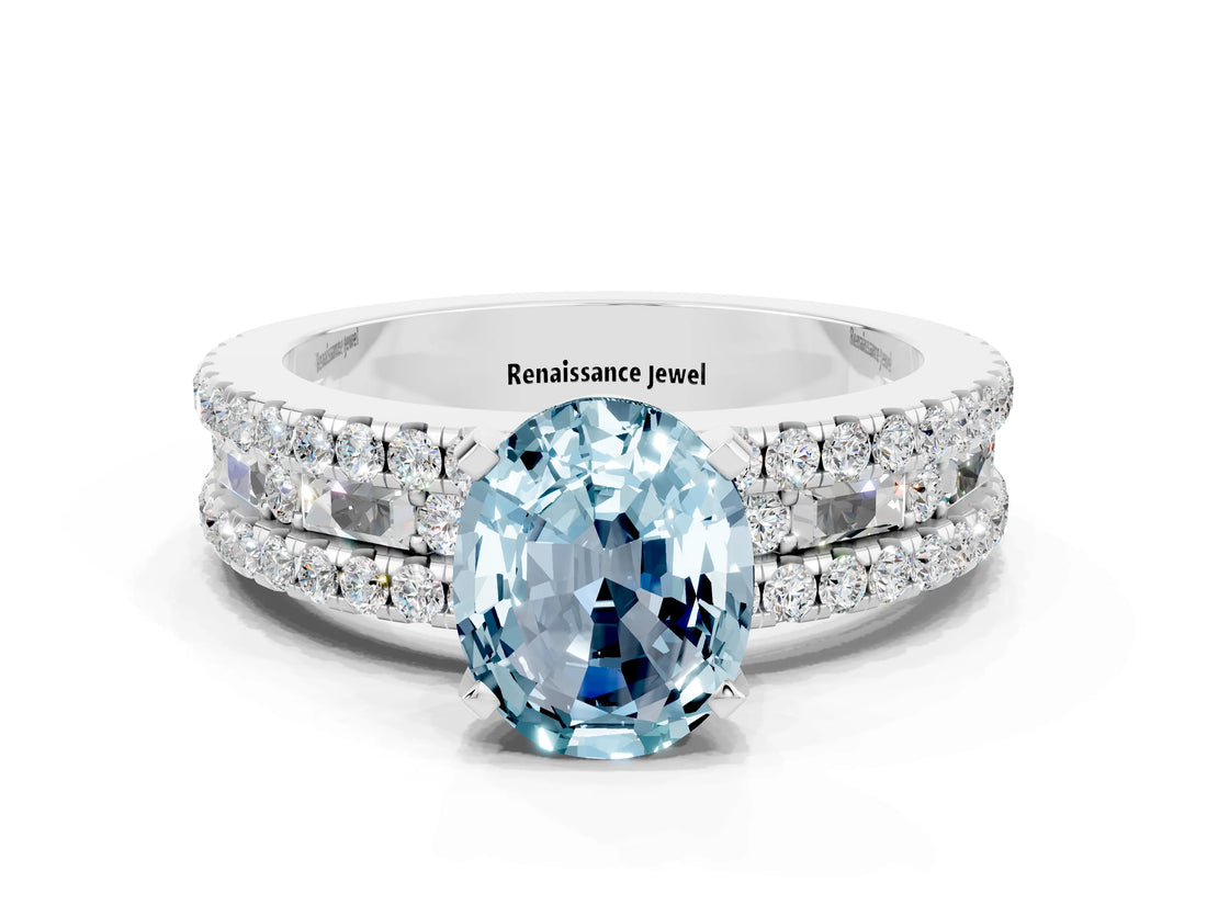 White gold Oval Cut Aquamarine Solitaire Ring with Pavé and Channel Set Band