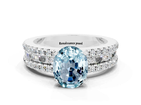 White gold Oval Cut Aquamarine Solitaire Ring with Pavé and Channel Set Band