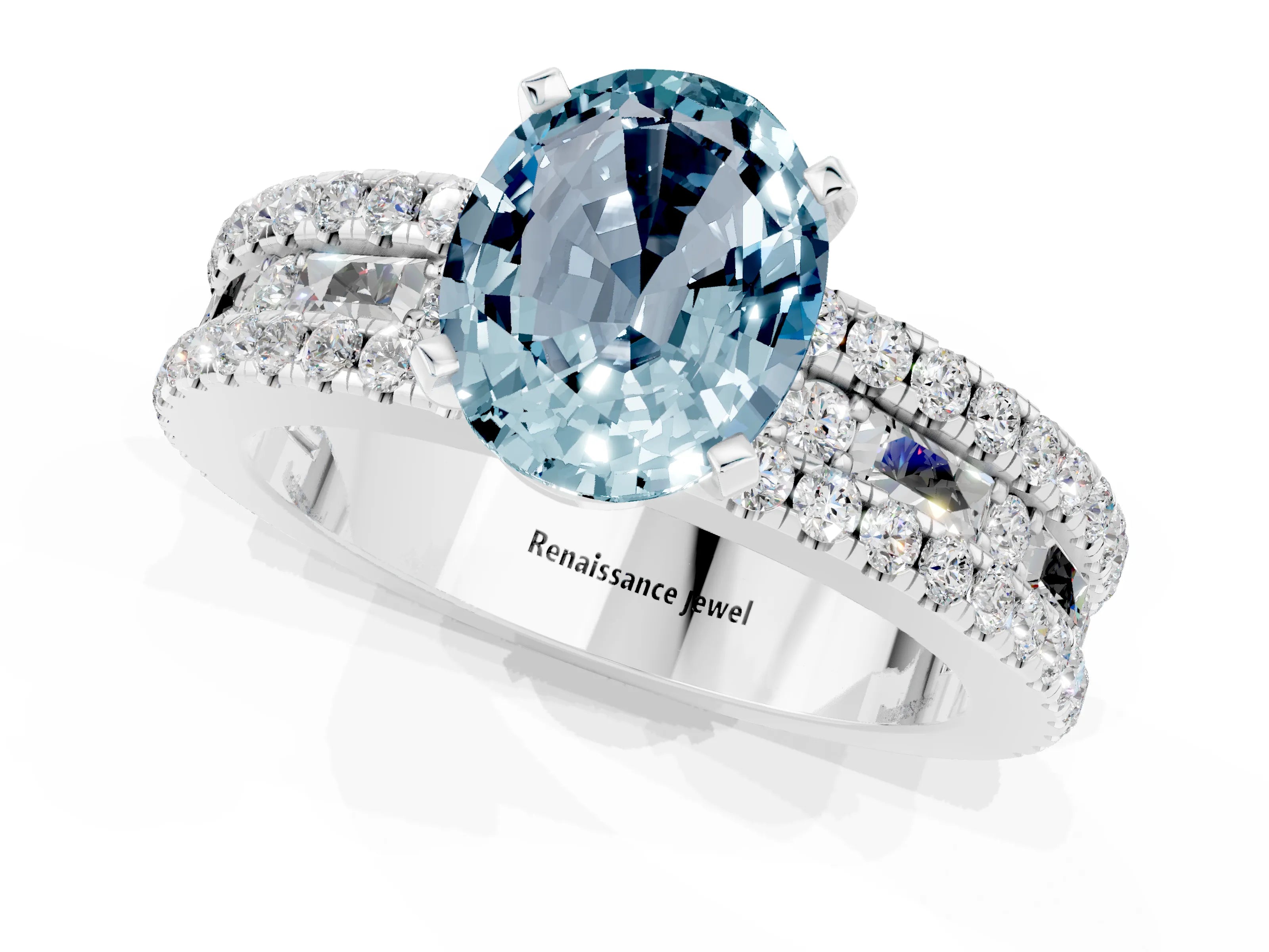 White gold Oval Cut Aquamarine Solitaire Ring with Pavé and Channel Set Band_1