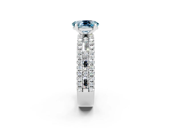 White gold Oval Cut Aquamarine Solitaire Ring with Pavé and Channel Set Band