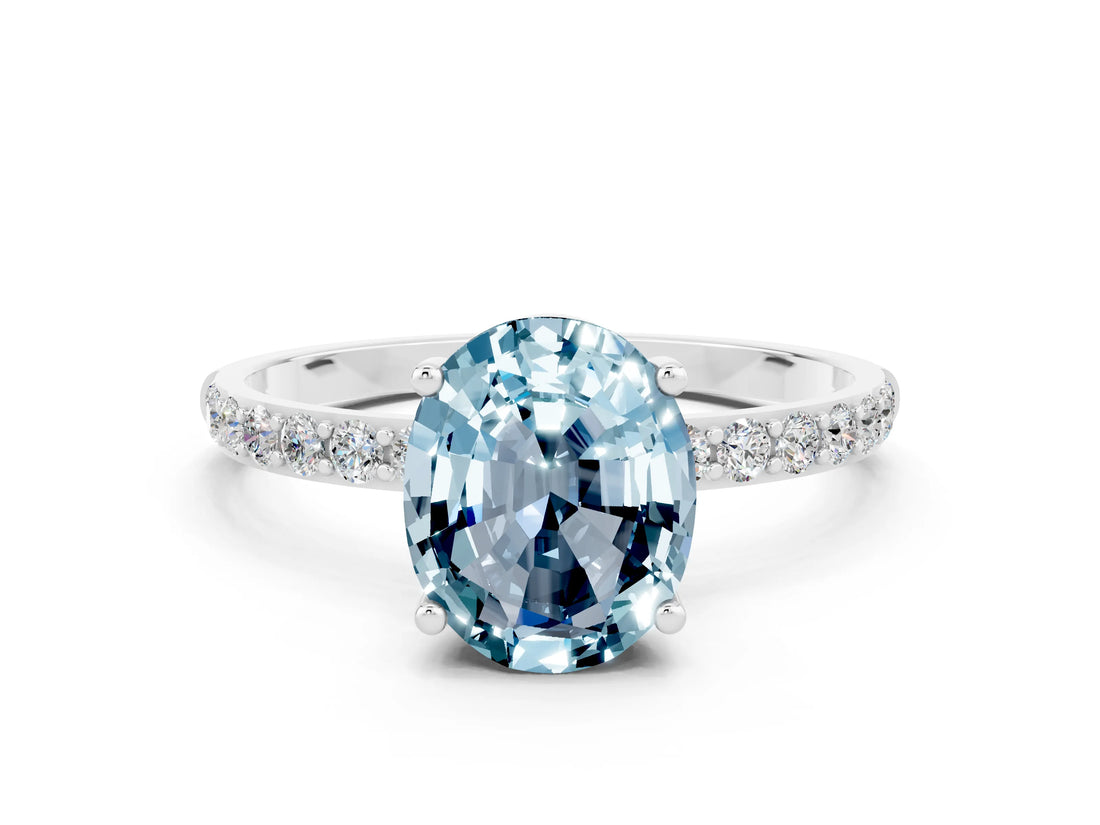White gold Oval Cut Aquamarine Solitaire Ring with Pave Band and Four Prong Setting_24