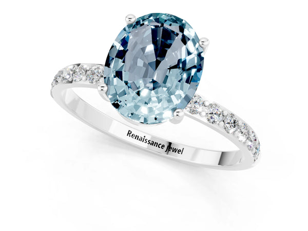 Silver Oval Cut Aquamarine Solitaire Ring with Round  Pavé Band and Prong Setting