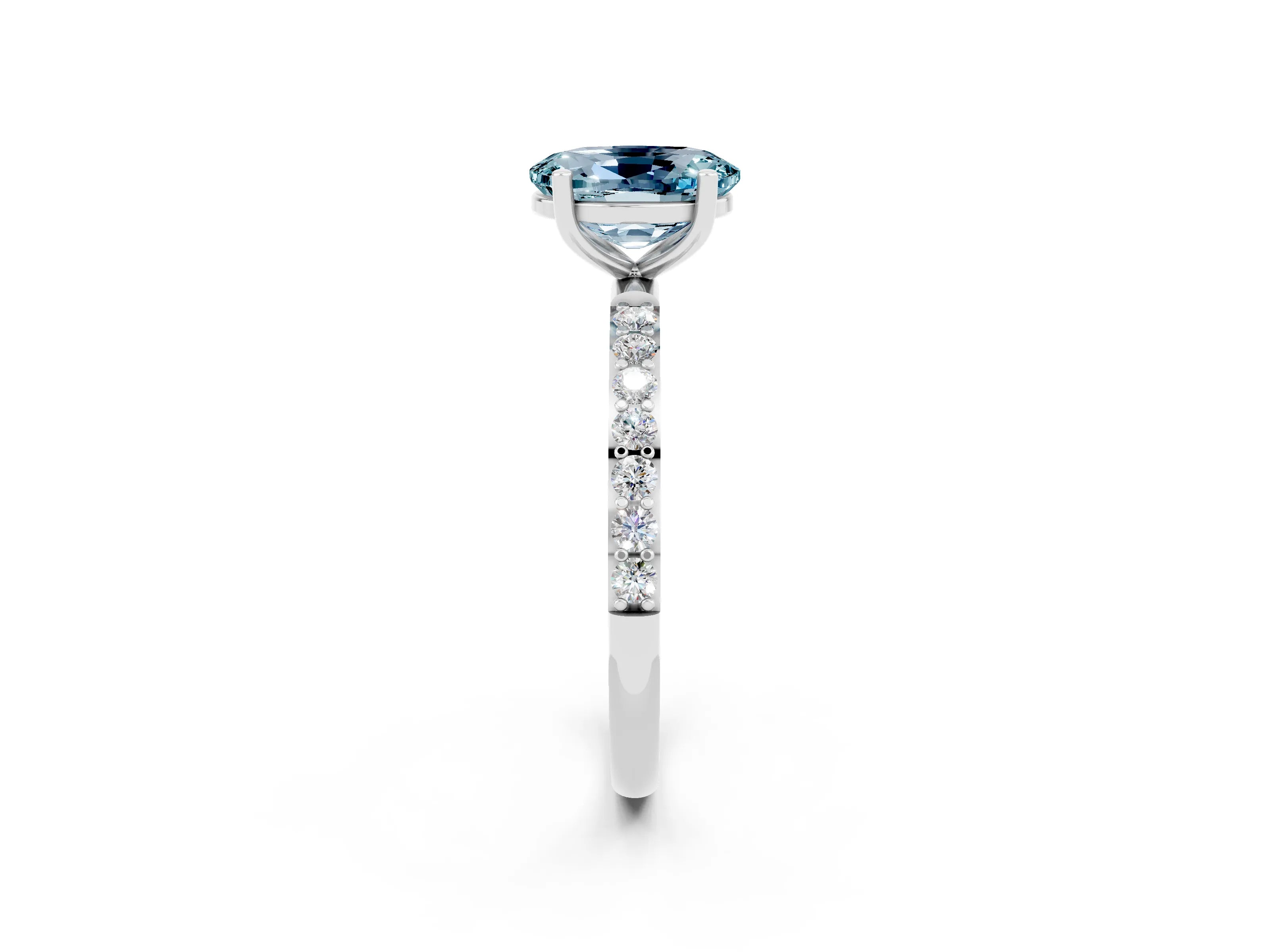White gold Oval Cut Aquamarine Solitaire Ring with Pave Band and Four Prong Setting_26