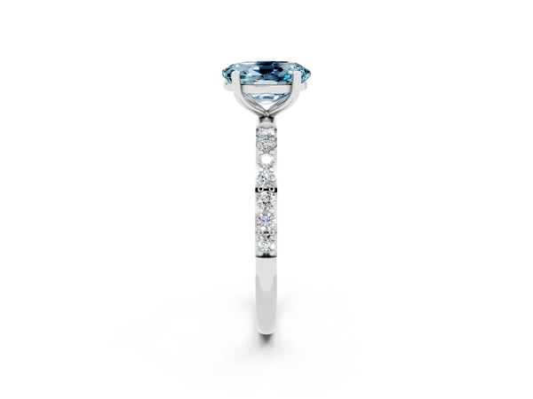 Platinum Oval Cut Aquamarine Solitaire Ring with Round  Pavé Band and Prong Setting