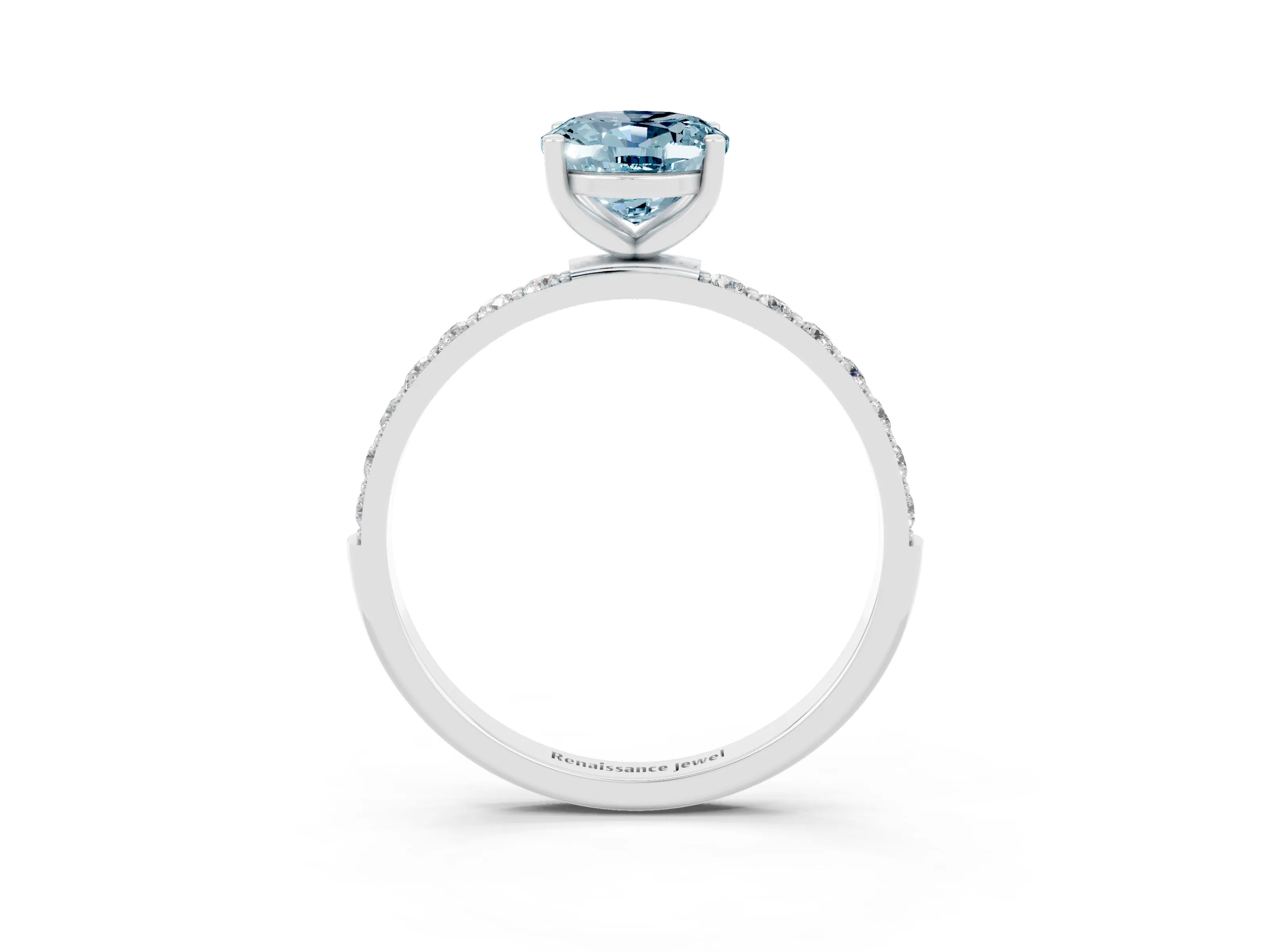 White gold Oval Cut Aquamarine Solitaire Ring with Pave Band and Four Prong Setting_27
