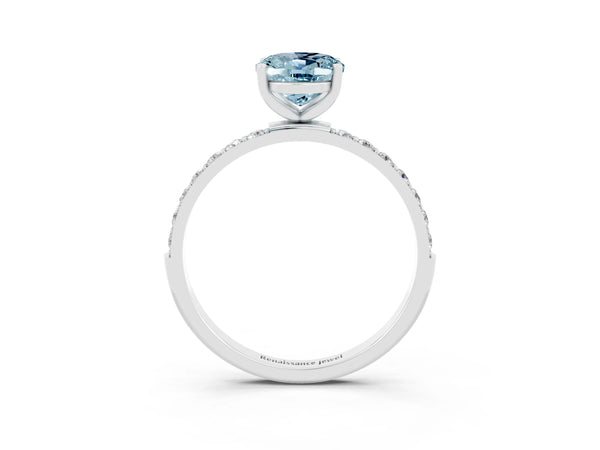 Silver Oval Cut Aquamarine Solitaire Ring with Round  Pavé Band and Prong Setting
